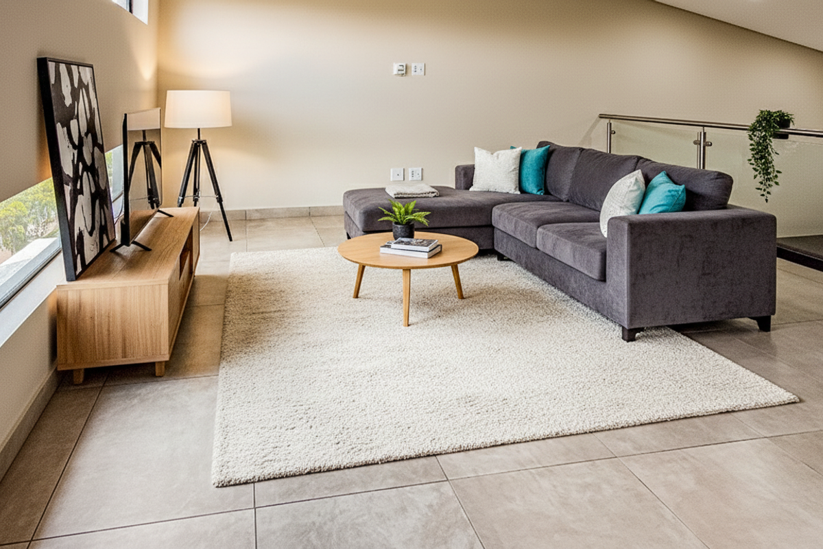 A modern, well-lit living room featuring large format floor tiles, a sleek glass balustrade, and a contemporary sloped ceiling design.
