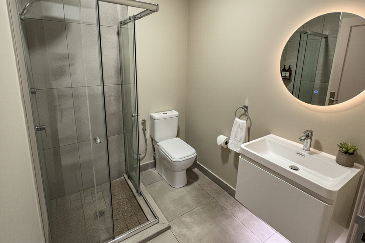 Modern bathroom featuring a glass-enclosed shower, wall-mounted vanity with basin, and a stylish backlit circular mirror with neutral tiled finishes.