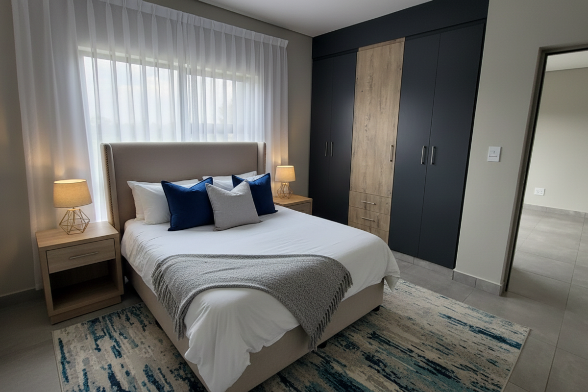 Modern bedroom featuring neutral tiled flooring, large sliding window with sheer curtains, and extensive floor-to-ceiling built-in cupboards with a contemporary two-tone finish.