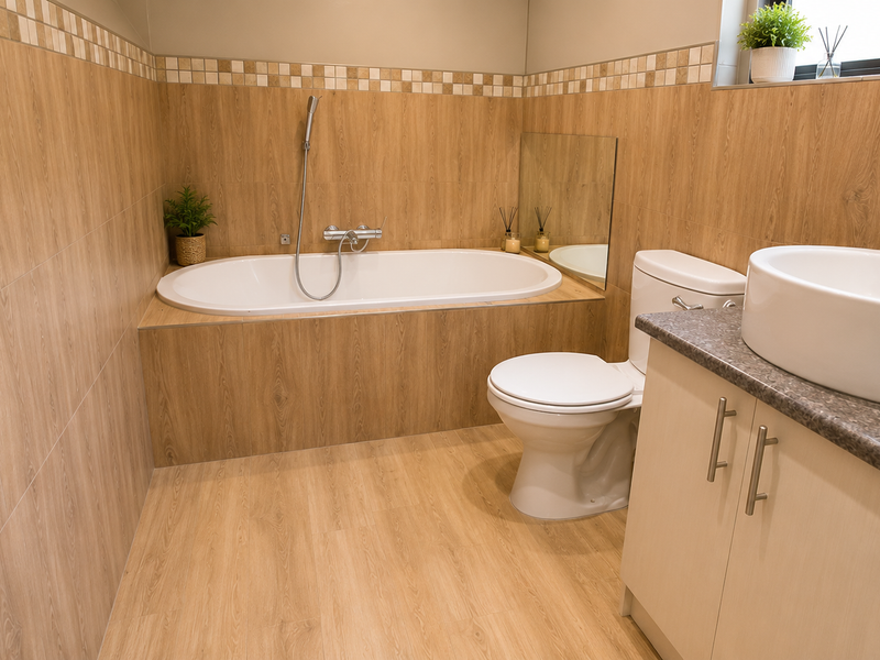 A well-maintained bathroom featuring a built-in bathtub, a modern vessel sink on a vanity cabinet, and wood-look tiled walls.