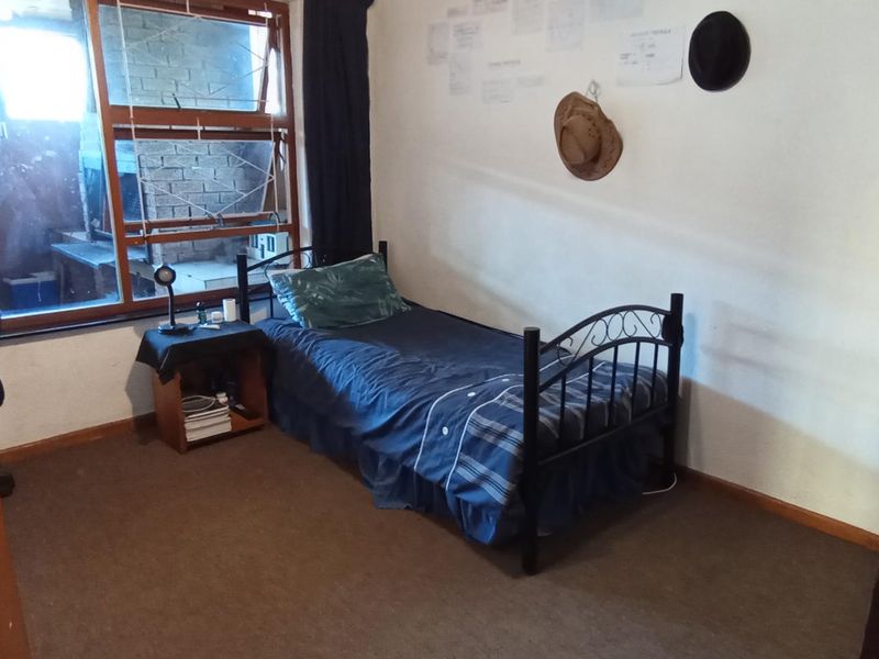 A compact bedroom featuring carpet flooring and a large window with a timber frame, offering a functional space for rest.