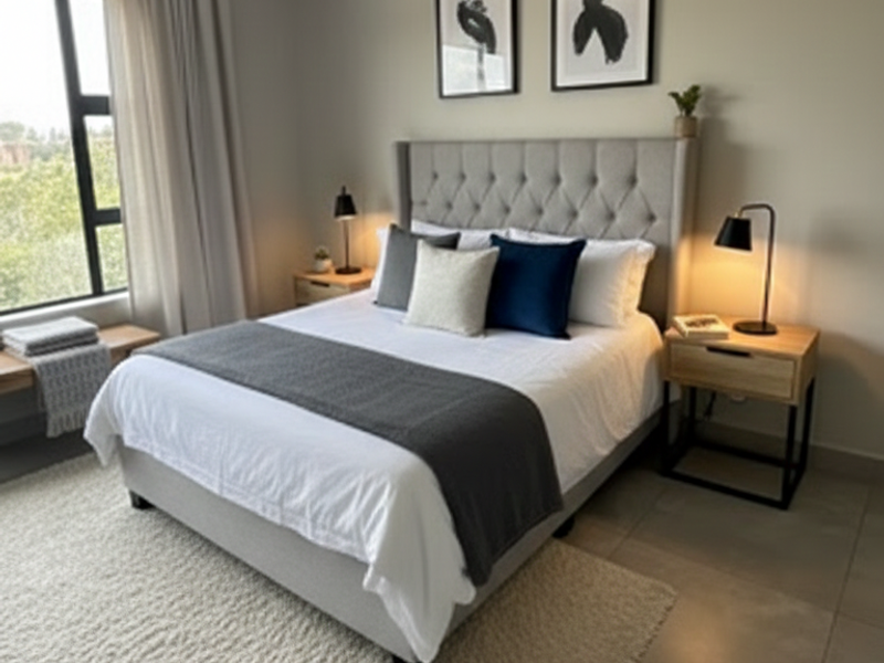 A well-maintained, modern bedroom featuring large windows, neutral wall tones, and clean tiled flooring, offering a bright and comfortable living space.