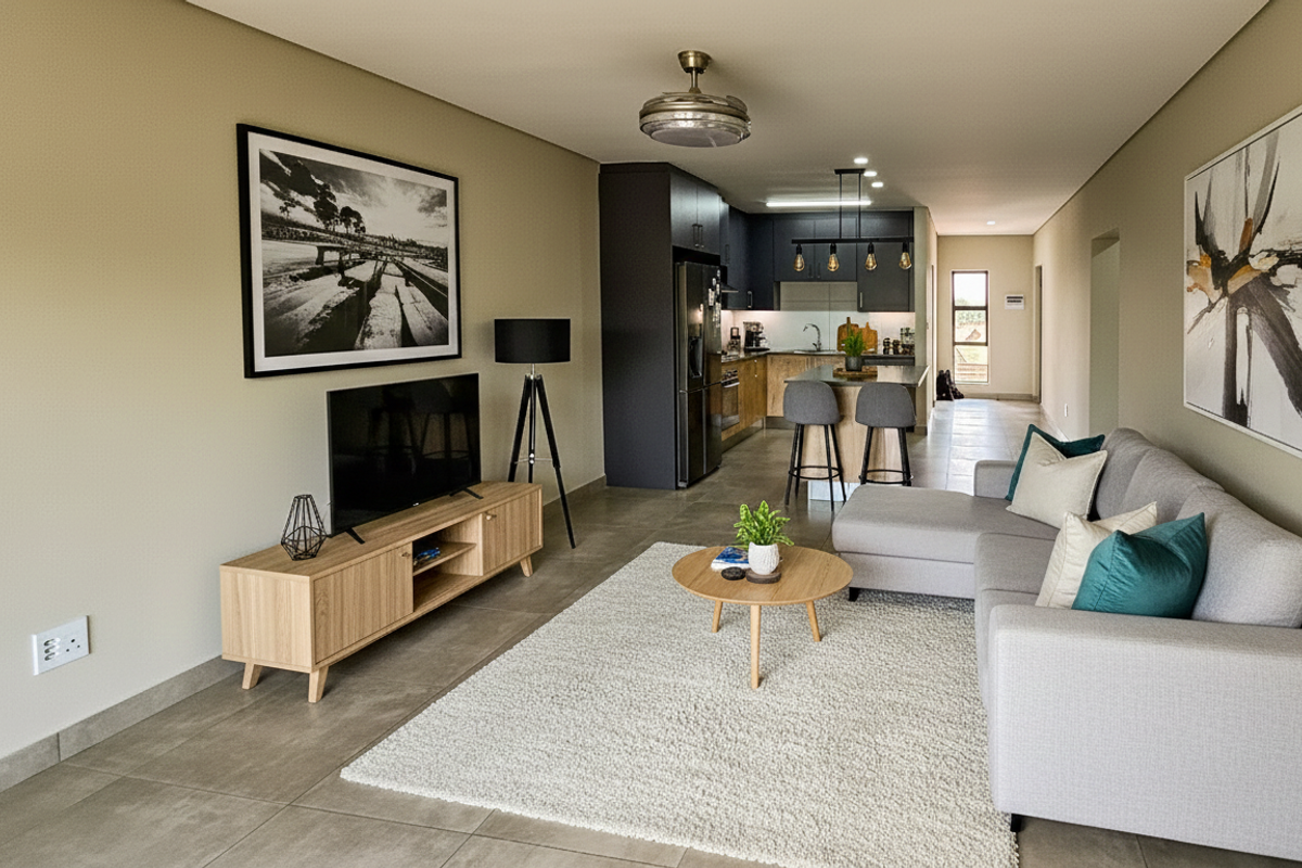 Modern open-plan living area featuring a contemporary kitchen with island, sleek cabinetry, and tiled flooring, seamlessly flowing into a comfortable lounge space.