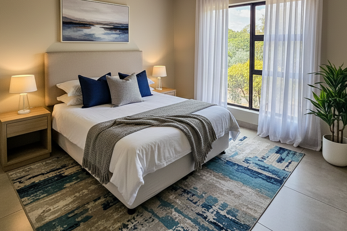 A well-maintained bedroom featuring neutral walls, large windows with natural light, and modern tiled flooring.