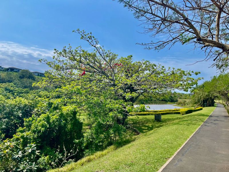 A scenic view of a well-maintained garden area featuring a paved walkway, lush green lawn, mature trees, and a tranquil pond.