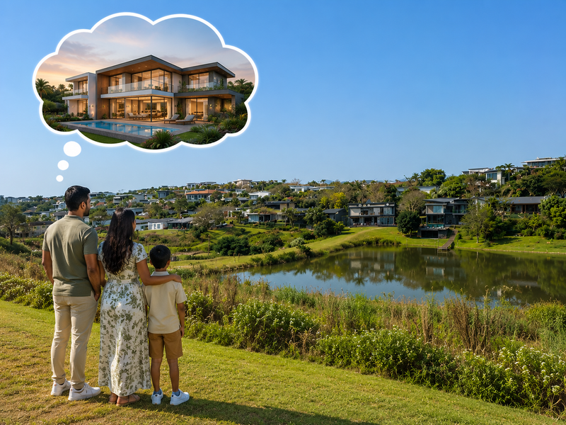 A scenic view overlooking a tranquil lake and surrounding residential estate, showcasing the peaceful landscape and community setting.