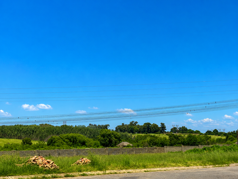 A view of the vacant residential land featuring a boundary wall, surrounding greenery, and overhead power lines against a clear blue sky.