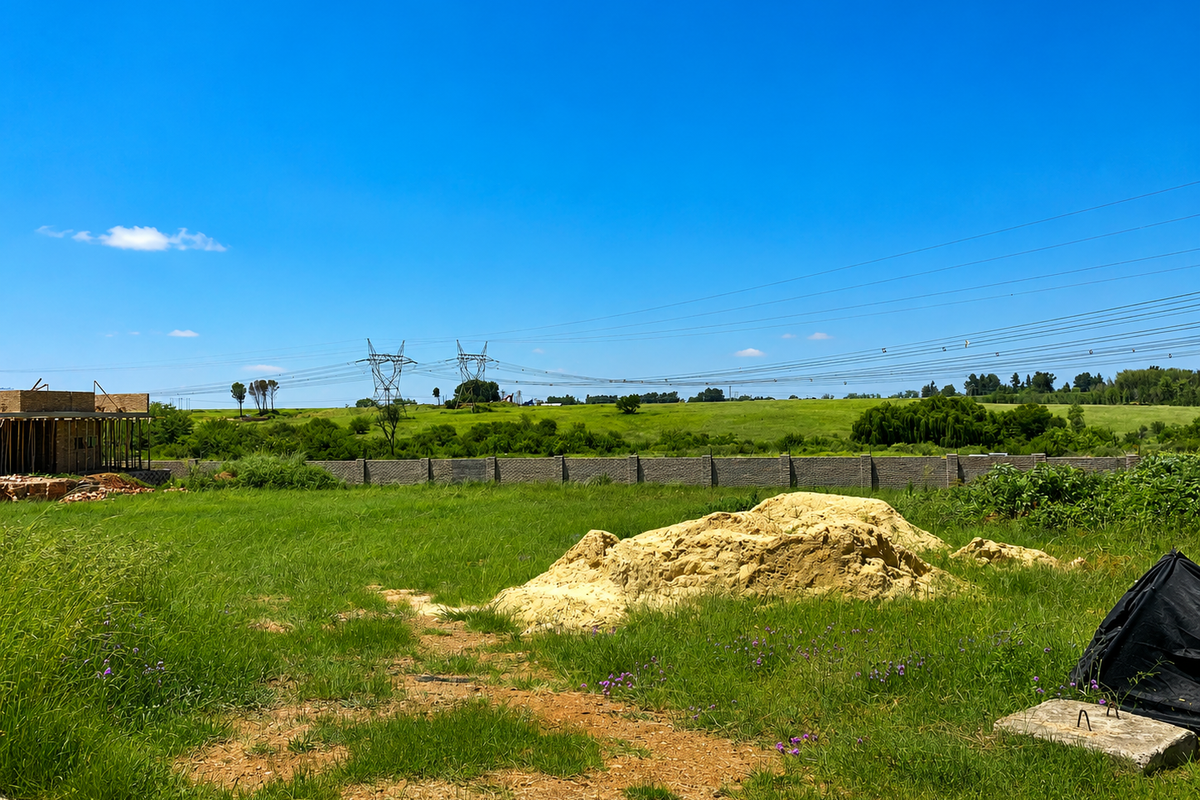 A vacant residential plot featuring a perimeter wall, grassy terrain, and distant power lines under a clear blue sky.