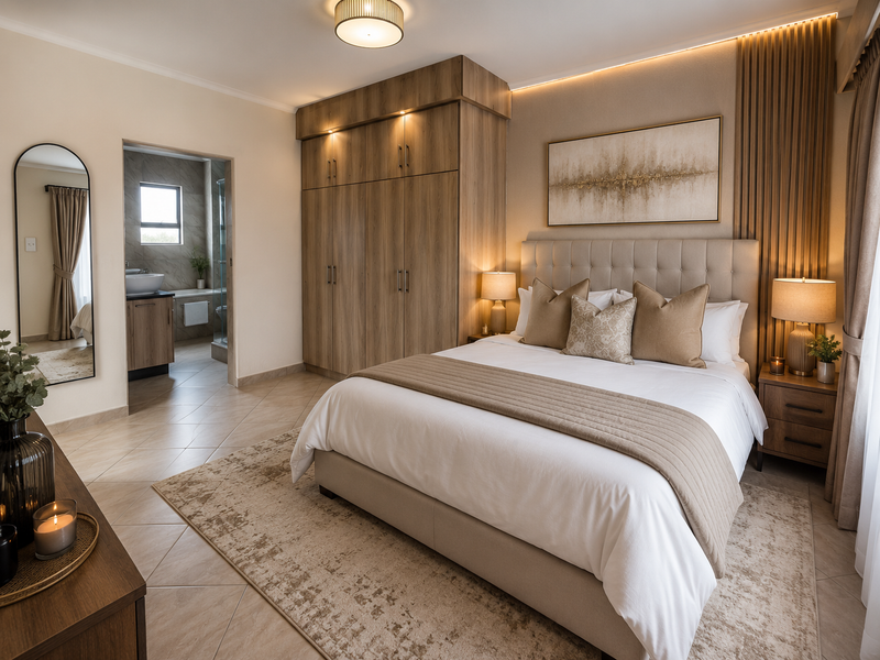 A well-appointed bedroom featuring built-in wooden wardrobes, elegant slatted wall paneling, and direct access to an en-suite bathroom with tiled flooring throughout.