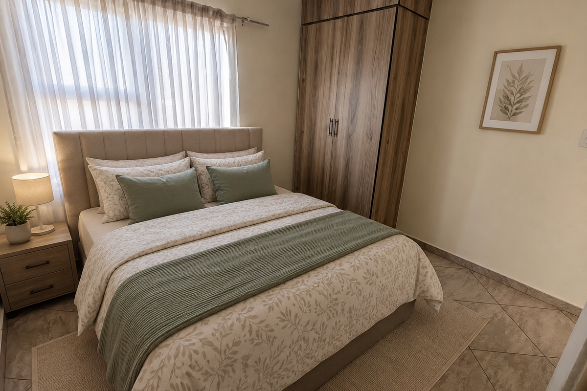 A well-maintained bedroom featuring neutral tones, tiled flooring, and a functional built-in wardrobe, offering a clean and comfortable living space.