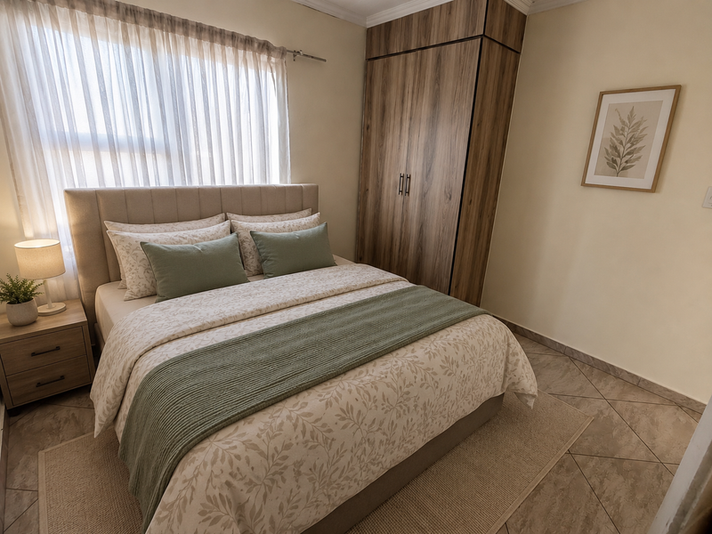 A well-maintained bedroom featuring neutral tones, tiled flooring, and a functional built-in wardrobe, offering a clean and comfortable living space.