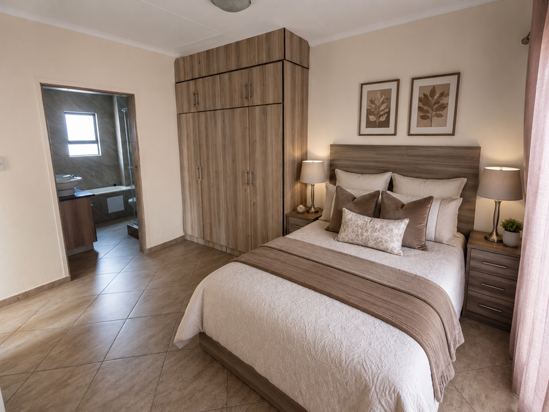 A well-maintained bedroom featuring built-in wooden wardrobes, tiled flooring, and direct access to an en-suite bathroom.