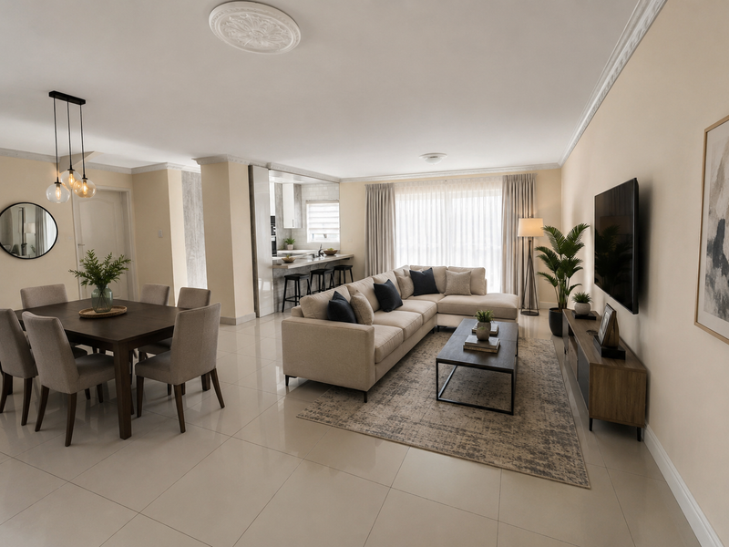 Spacious open-plan living and dining area featuring polished tile floors, elegant crown molding, and a modern kitchen with a breakfast bar.