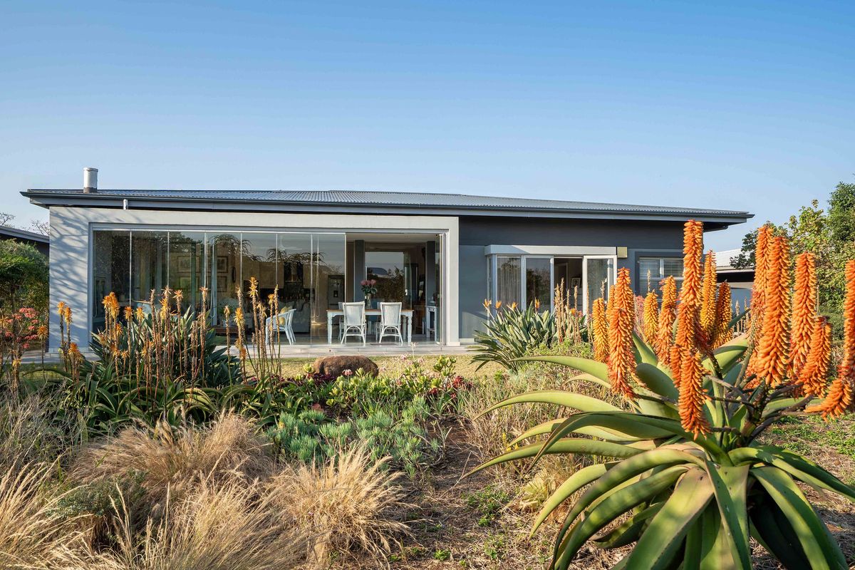 Rear view of a modern townhouse featuring a landscaped garden, concrete patio, and large sliding glass doors leading into the living area.