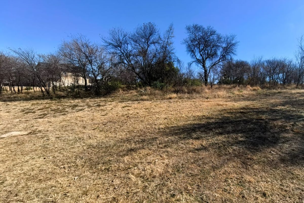A view of the vacant residential land featuring dry grass and mature trees under a clear blue sky.
