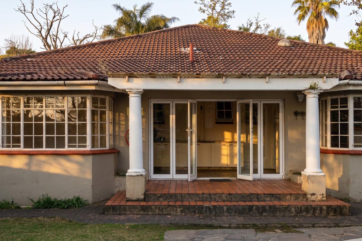 Rear elevation of a house featuring a terracotta tiled patio, classic columns, french doors, and bay windows with a traditional tiled roof.