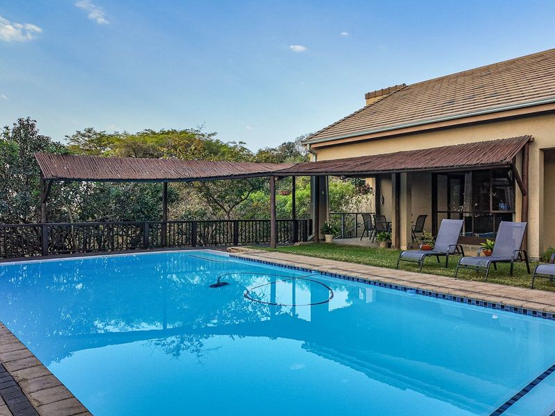 Outdoor pool area featuring a swimming pool with tiled coping, adjacent to a covered patio with a thatched roof structure and timber railing.