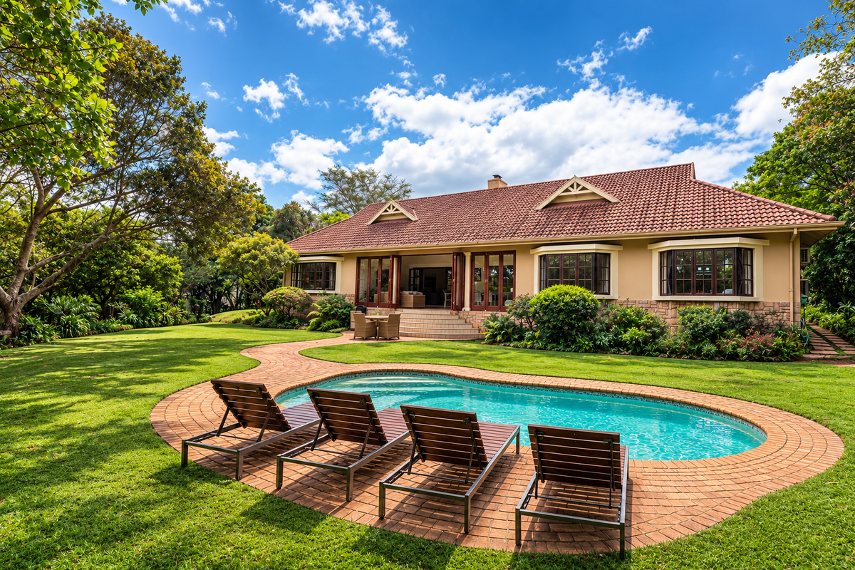 A well-maintained rear exterior view featuring a swimming pool, brick-paved patio, landscaped garden, and a house with a tiled roof and bay windows.