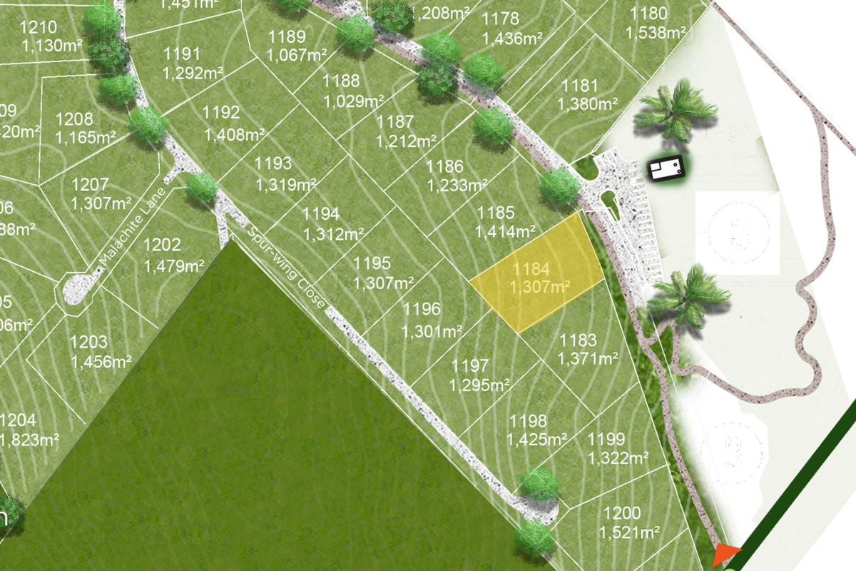 A site development plan highlighting plot 1184 within the residential estate, showing surrounding land parcels and access roads.
