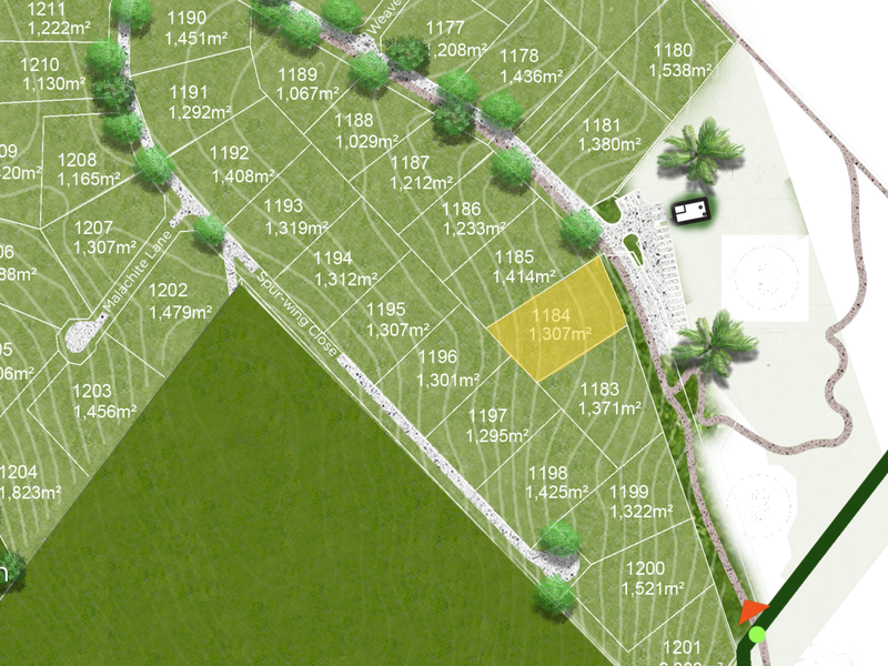 A site development plan highlighting plot 1184 within the residential estate, showing surrounding land parcels and access roads.
