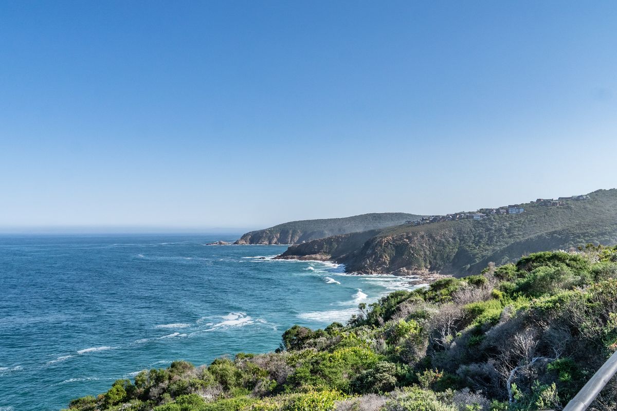 A scenic coastal view overlooking the ocean, rugged cliffs, and natural vegetation, showcasing the property's prime location and landscape.