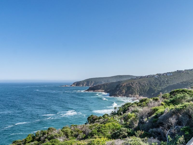 A scenic coastal view overlooking the ocean, rugged cliffs, and natural vegetation, showcasing the property's prime location and landscape.