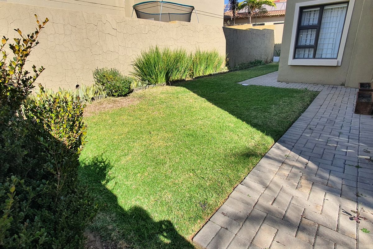 A rear garden area featuring a paved walkway, a small lawn, and a boundary wall with visible plaster cracking.
