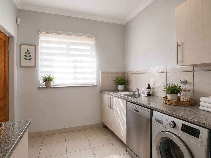 A well-maintained laundry room featuring built-in cabinetry, granite countertops, a stainless steel sink, and tiled flooring with a window for natural light.