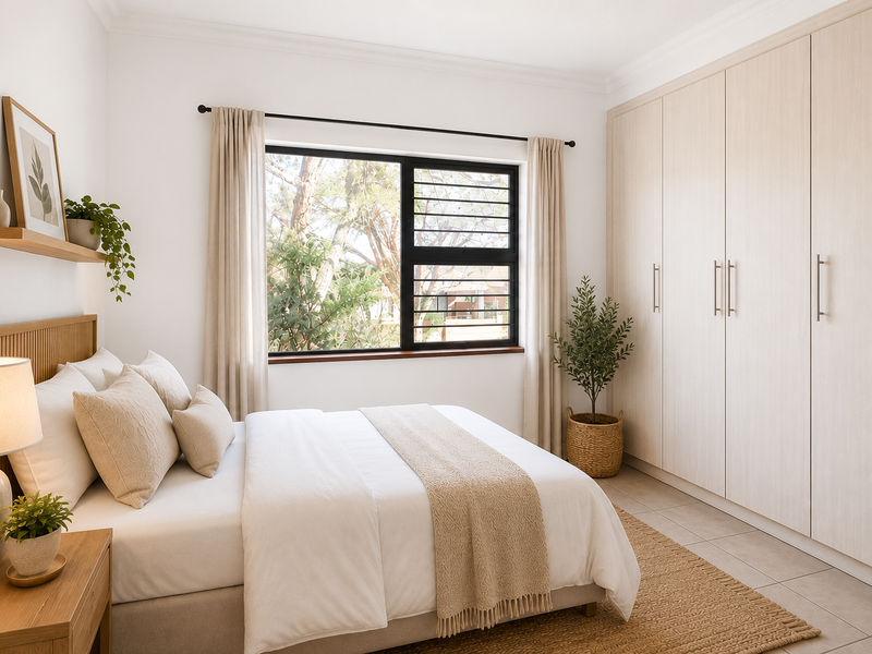 A well-maintained bedroom featuring neutral tiled flooring, built-in floor-to-ceiling cupboards, and a window with integrated security bars.