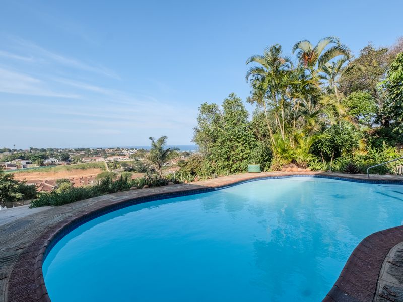 A swimming pool area featuring stone coping and established garden surrounds, offering elevated views over the surrounding neighbourhood.