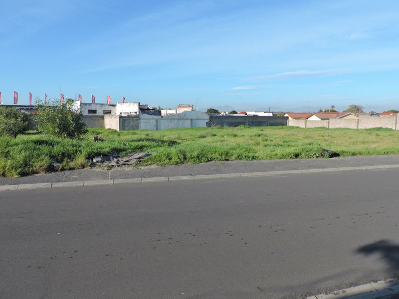 A vacant residential plot featuring a perimeter boundary wall, accessible via an asphalt road with concrete curbing.