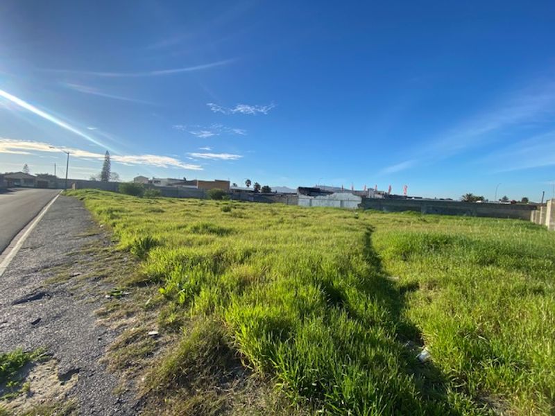 A vacant residential plot of land featuring grass coverage, boundary walls, and direct access to a paved street.
