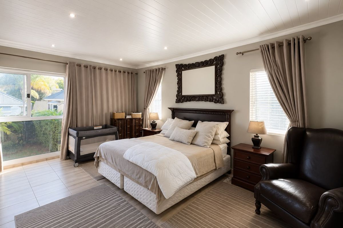 Spacious bedroom featuring a tongue and groove ceiling, recessed lighting, and large sliding glass doors that provide ample natural light.