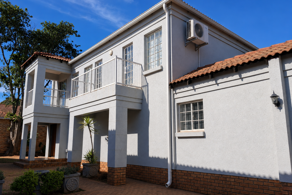 A well-maintained two-story rear elevation featuring a balcony with metal railings, terracotta roof tiles, and brick paving in the courtyard area.