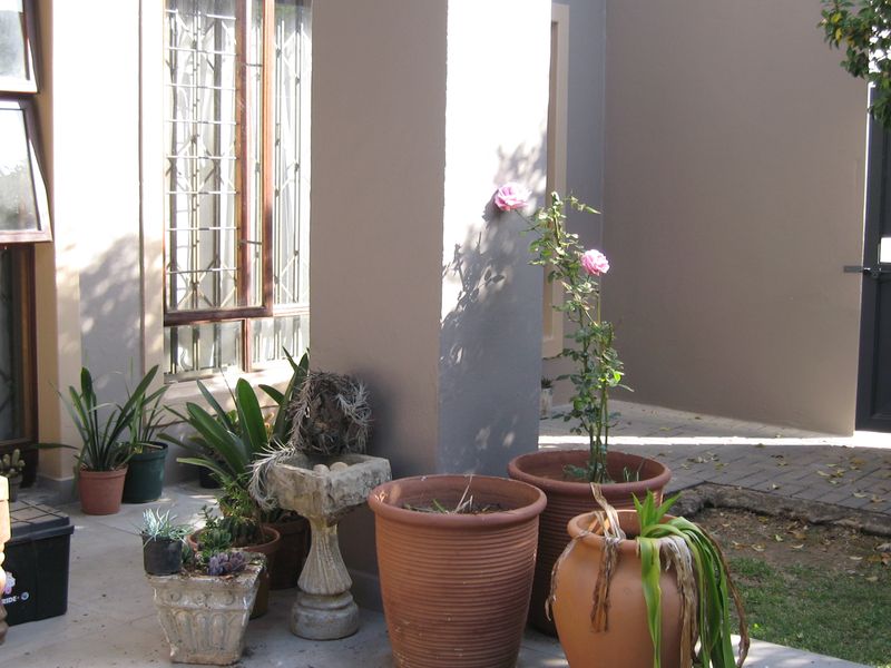 A paved patio area featuring tiled flooring and security-barred windows, providing a functional outdoor space adjacent to the main building structure.