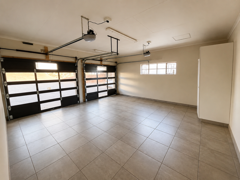 Spacious double garage featuring tiled flooring, automated garage doors, and a built-in storage cupboard, providing ample space for vehicles and additional storage.