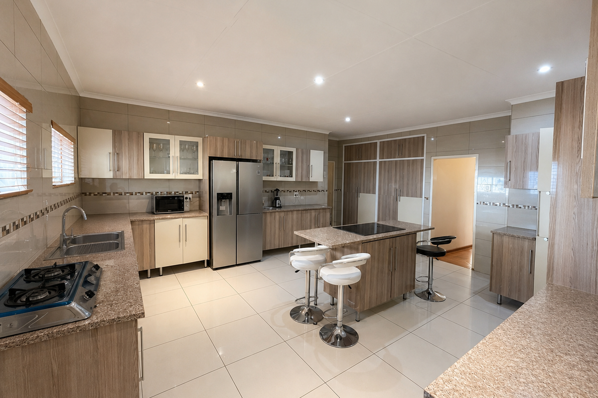 Spacious modern kitchen featuring granite countertops, ample built-in cabinetry, a central island with a gas hob, and neutral tiled flooring throughout.