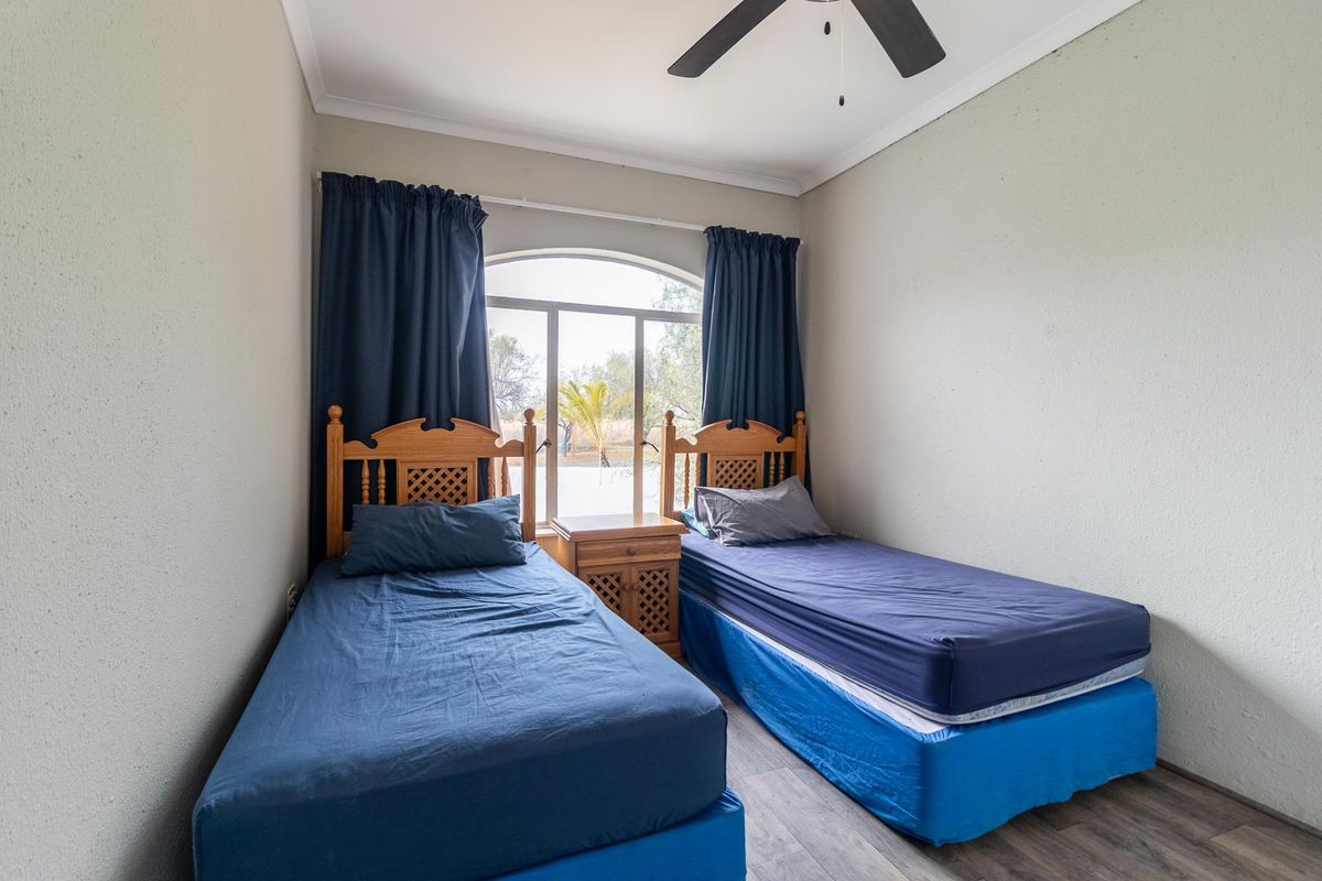 A functional bedroom featuring laminate flooring, a ceiling fan, and an arched window providing natural light.