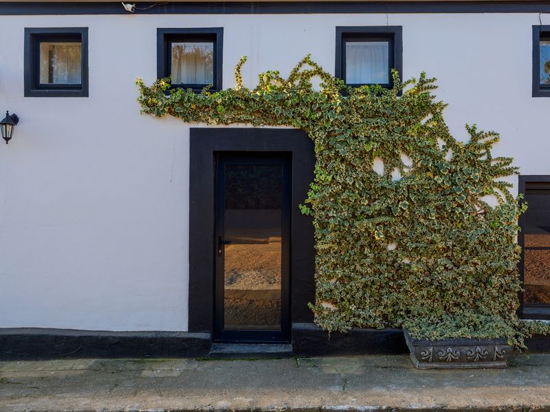 A charming exterior facade featuring white walls with contrasting black window and door frames, accented by climbing ivy and a paved walkway.