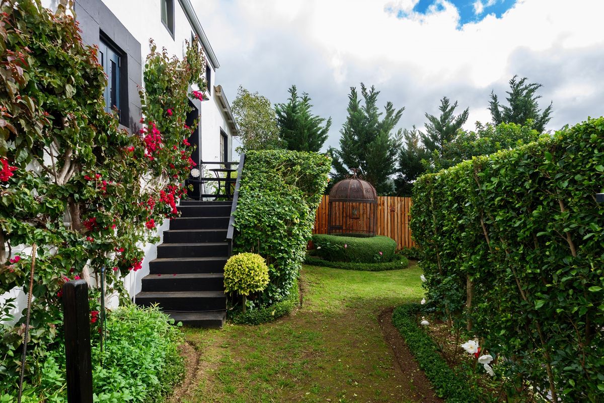 A well-maintained rear garden featuring a timber staircase leading to the house, established hedging, and manicured lawn areas.