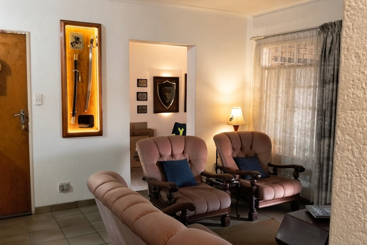 A living room area featuring tiled flooring, a wooden entrance door, and natural light through window curtains.