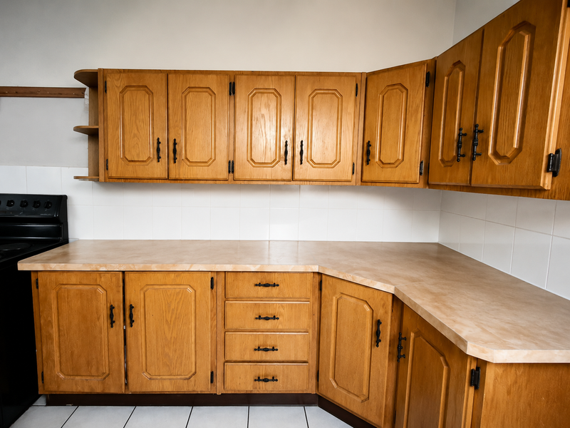 A functional kitchen featuring traditional wooden cabinetry, laminate countertops, and a tiled backsplash, offering a classic layout ready for modern updates.