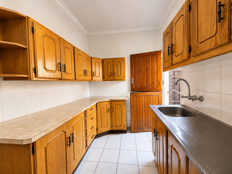 A functional kitchen featuring traditional wooden cabinetry, laminate countertops, a stainless steel sink, and tiled flooring with a classic stable door entrance.