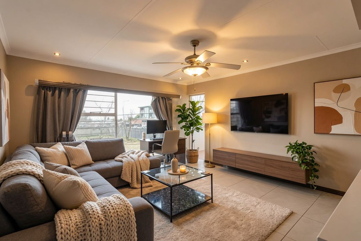 A well-maintained living room featuring tiled flooring, a ceiling fan, recessed lighting, and a large window providing natural light.