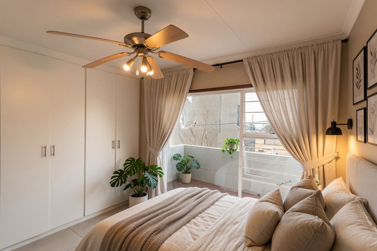 A well-maintained bedroom featuring built-in cupboards, a ceiling fan, and a sliding glass door that opens onto a private balcony.