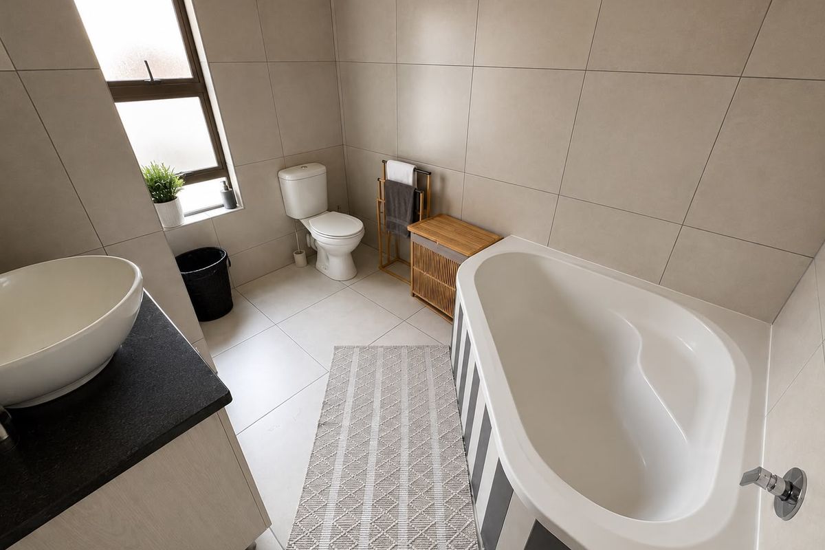 Modern bathroom featuring large-format neutral wall and floor tiles, a vessel sink vanity, and a built-in bathtub with a contemporary finish.