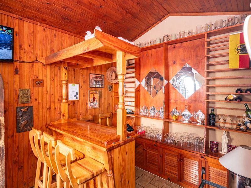 A dedicated home bar area featuring extensive timber wall paneling, built-in wooden cabinetry, a custom bar counter, and tiled flooring.