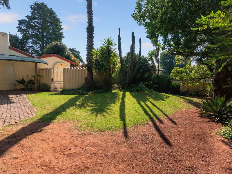 A spacious garden area featuring a paved driveway, established lawn, mature trees, and a secure boundary wall with a metal gate.