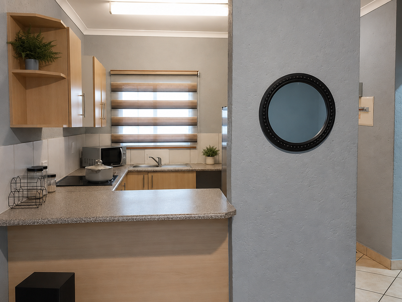 A functional kitchen featuring light wood-tone cabinetry, laminate countertops, an electric hob, and a breakfast bar, finished with neutral wall tones and tiled flooring.