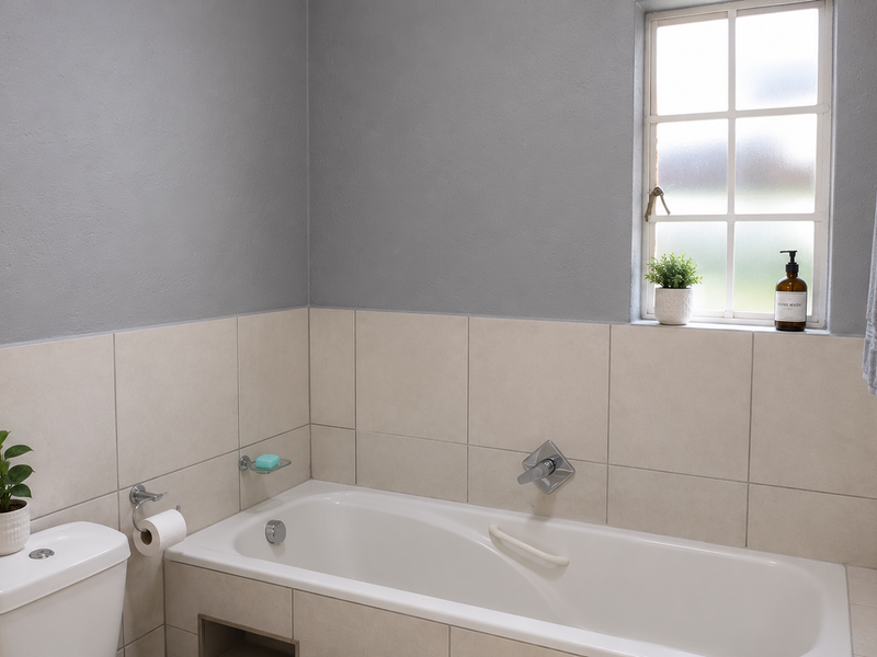 A clean and functional bathroom featuring a built-in bathtub, tiled splashback, and neutral grey wall finishes.